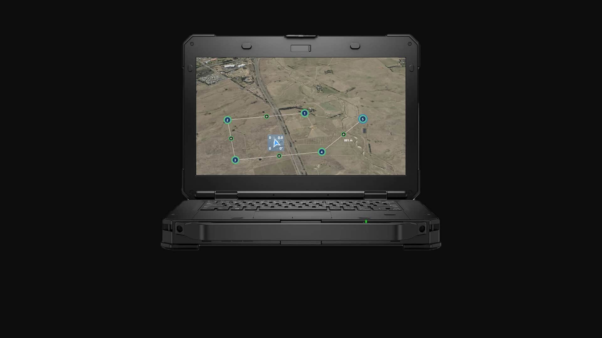 Juno on a rugged laptop: a five waypoint mission route over farmland with the aircraft's heading