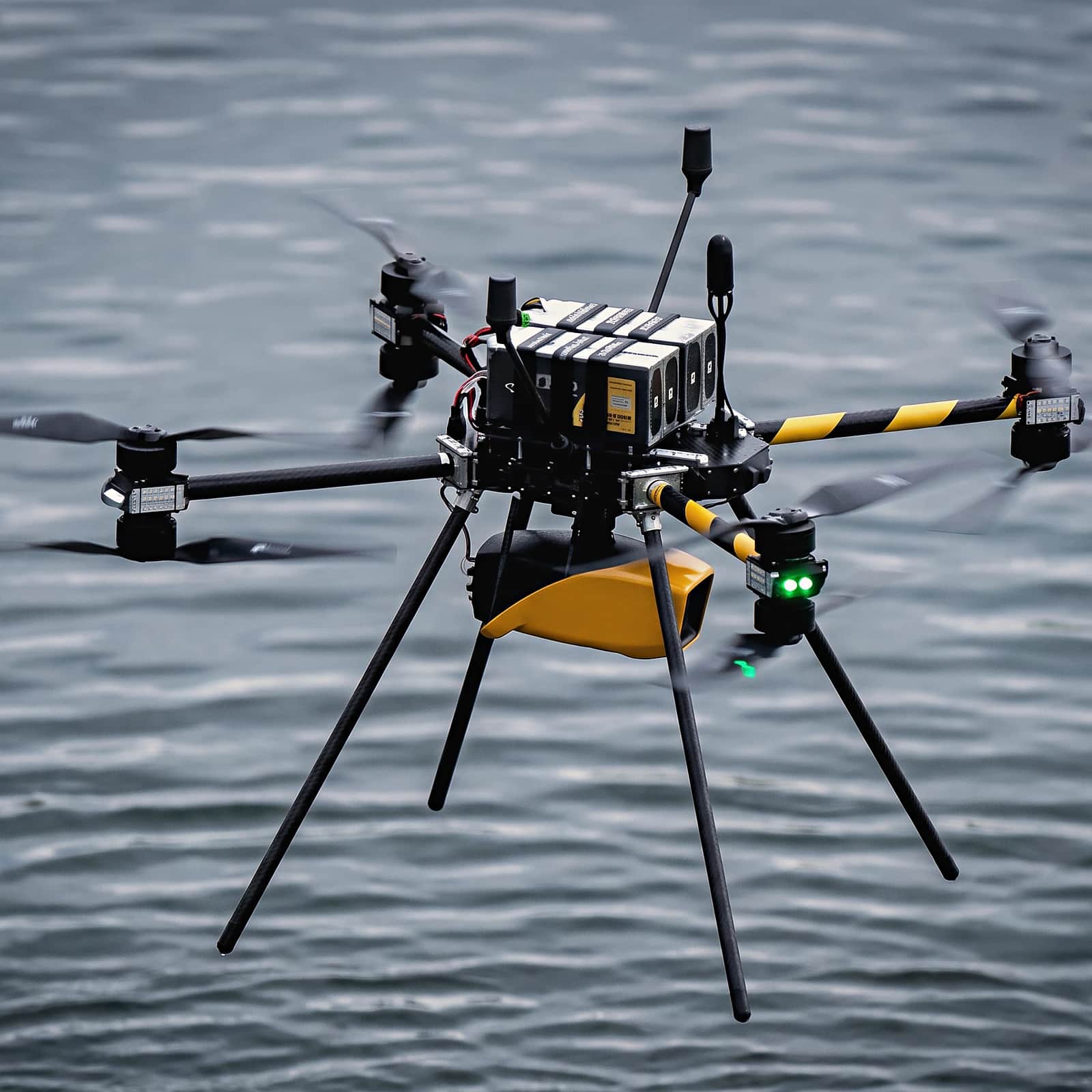 A Callisto hovering low over water with a YellowScan LiDAR mounted beneath it