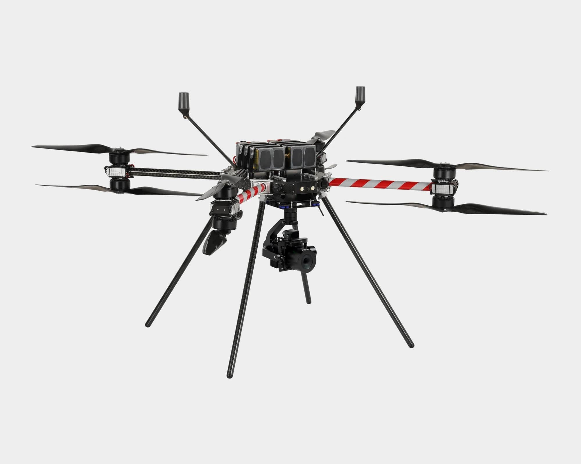 A Callisto 50 in the studio with the Phase One P3 camera on its gimbal beneath the airframe